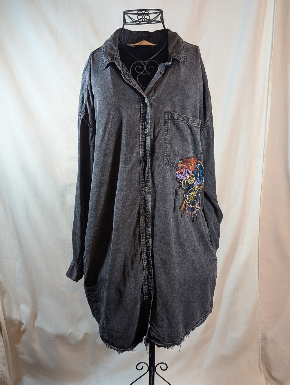Zara Basic Z1975 Embellished Denim Shirt Dress Washed Black Sequin Beaded Medium